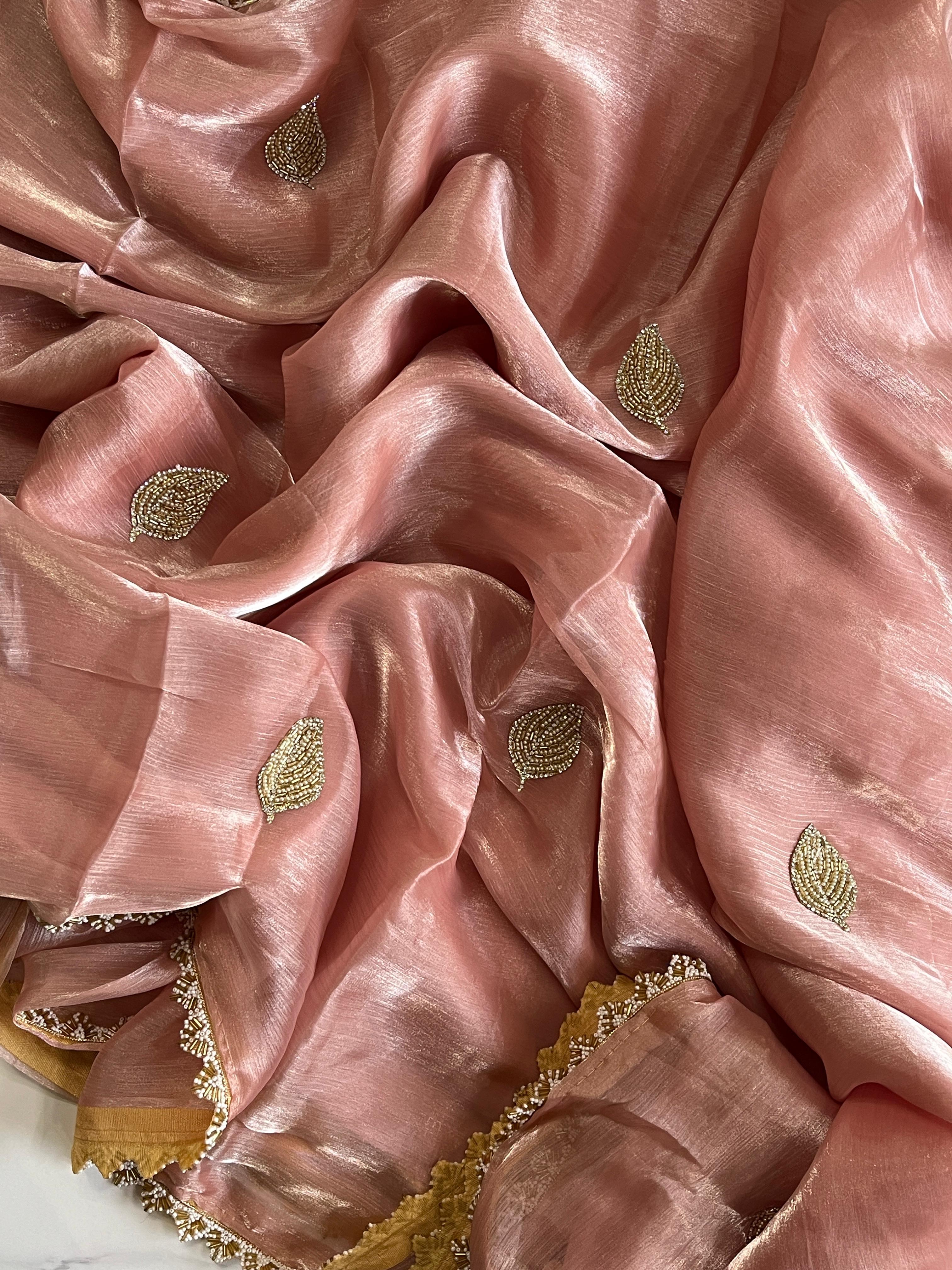 Jarkan Leaf Peach Tissue Saree