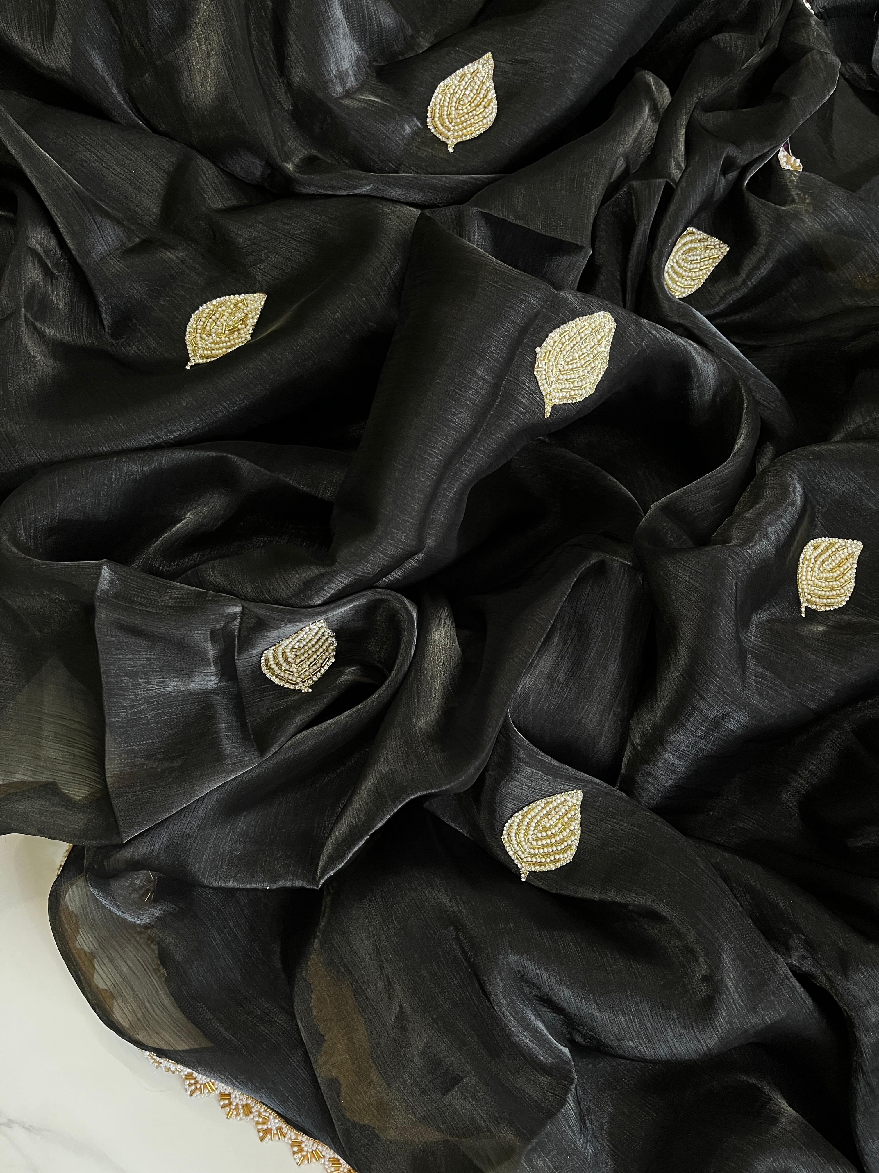 Jarkan Leaf Black Tissue Saree