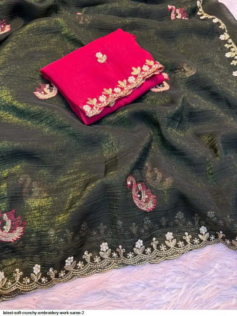 LATEST SOFT CRUNCHY EMBROIDERY WORK SAREE