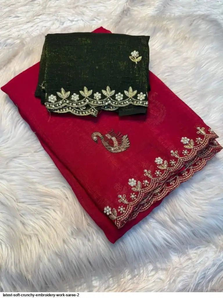 LATEST SOFT CRUNCHY EMBROIDERY WORK SAREE